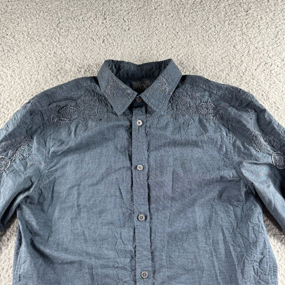 Armani Exchange Shirt Mens Small Blue Embroidered Crinkled Long Sleeve Preppy